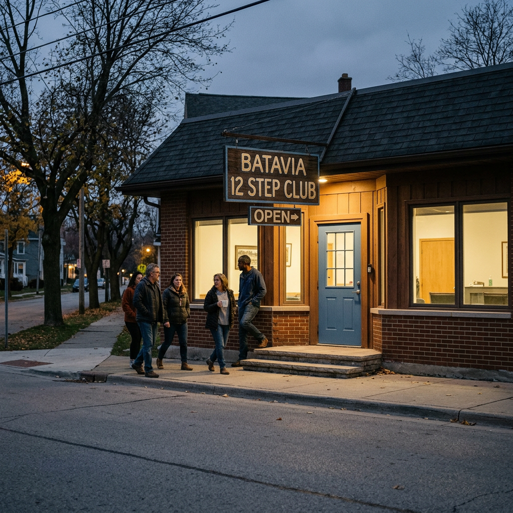 People outside Batavia 12 Step Club beneath an Open sign